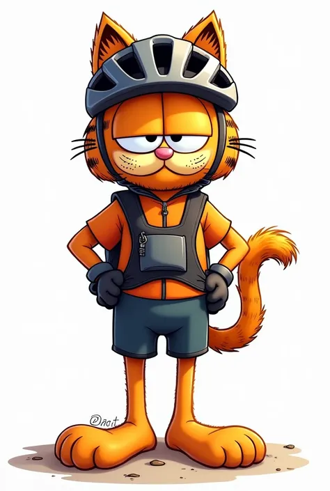 drawing of the cat Garfield in mountain bikers uniform with white background