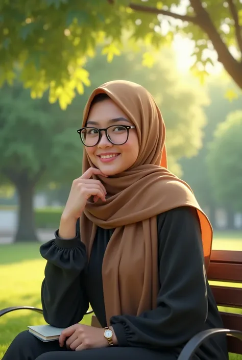 Indonesian woman wearing hijab in the park, glasses, big boobs