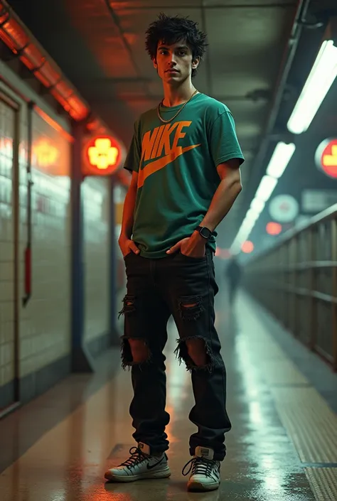 The character Aladdin from Disney wearing his black ripped jeans low, his boxers showing and nike shirt inside a subway station 
