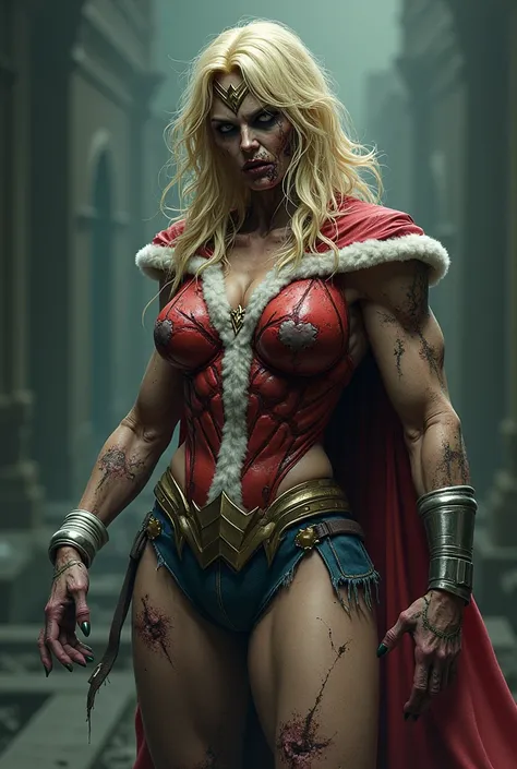 Super muscular Wonder Woman with her blond hair wearing a Santa Claus costume turned into a zombie
 GUI7306 written on the front chest 