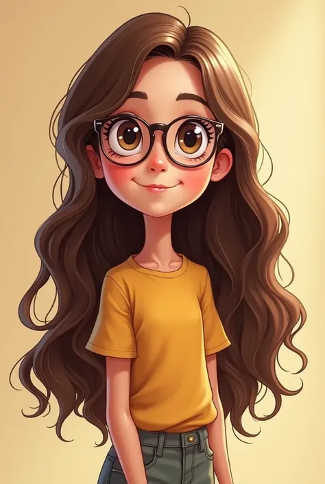 A cartoon of my daughter: Are  , long hair,  slightly wavy ,  with clear buttocks on the tips.  She wears thin-framed glasses . has fair skin,  a small nose and brown eyes , With big eyelashes .  Shes smiling and friendly .  She plays the piano and transve...