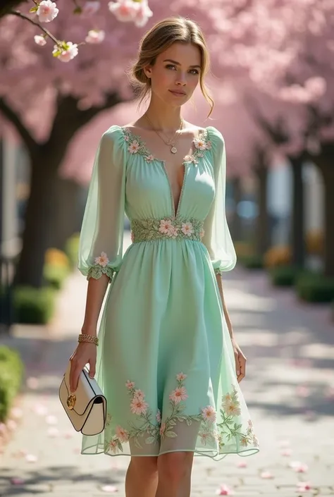 For March’s high-end elegant street fashion, the look embraces the early bloom of spring with a fresh and sophisticated style. The model wears a soft mint green or pale peach-colored A-line dress made from a lightweight silk blend, featuring intricate flor...