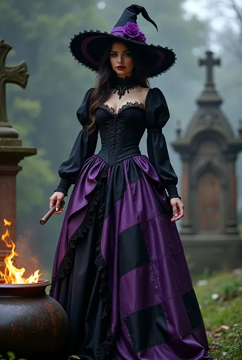 Make a fair-skinned woman with a black and purple patchwork skirt a black corset and a black long-sleeved blouse make her with a wide-brimmed black chapel with a purple stripe and 2 purple roses do it with a cigar namão do it on top of a casket in the midd...