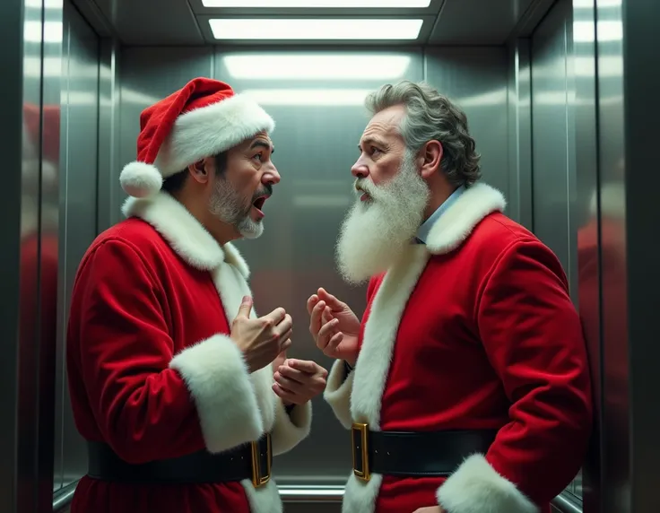  s arguing about Christmas, arguing about Santa Claus , inside an elevator; just s