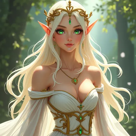 Anime style. Mature Elf Queen is a vision of timeless beauty and regal grace. She has long, flowing platinum blonde hair cascading like silk down her back, adorned with a delicate golden crown resembling intertwined leaves and branches. Her striking emeral...