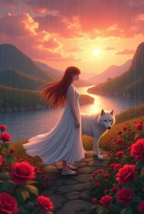 I animated Orihime from Bleach in the river and hills and red roses and a white wolf and a beautiful sunset sky and lots of rain 