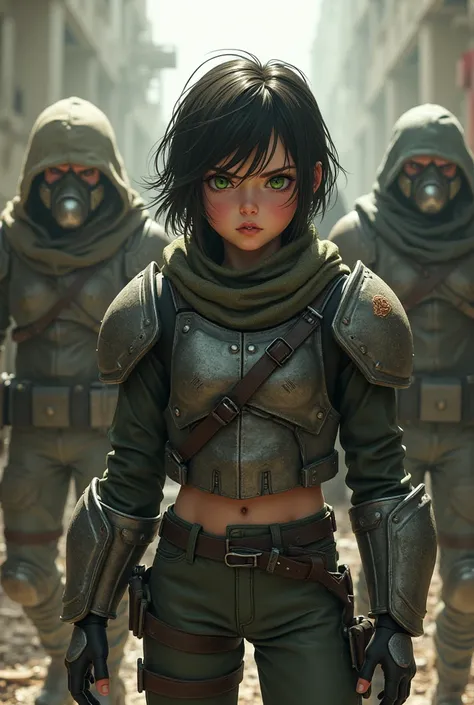 Teenager 15 and Brune, Short hair, green eyes, the annoyed look in a dilapidated world, dressed in armor, is fighting against men with an oxygen mask on their faces. 
