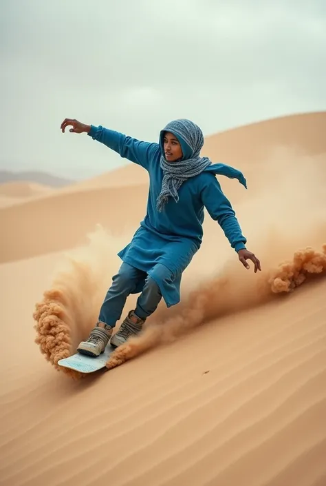 Photographie dun paysage  le desert avec un touareg en bleue qui fait du snowbord dans les dunes de sable avec de la poussière et avec un ciel  gris 