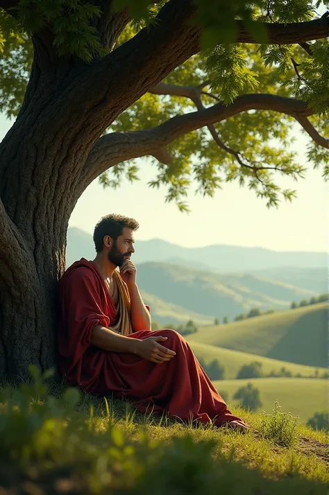 A Roman philosopher seated under a large tree, his hand touching his chest as he gazes at the horizon, soft sunlight filtering through leaves, the quiet countryside stretching into the distance, wide shot, hyper-realistic, photo realism, cinematography –ar...