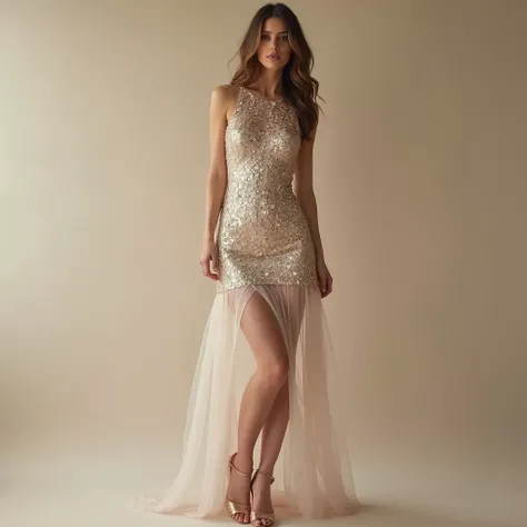 Create a realistic image of a model wearing Sequin Cocktail Dress - The lower hem is designed with light tulle, which instantly adds a lot of lightness to the overall dress. Plus high waist design, Creates an elegant hazy atmosphere, in the sexy present fr...