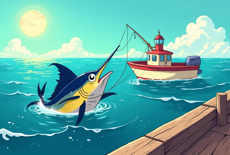  Colorful and cartoonish Gravity Falls style illustration .  Very general plan of an open sea where the sun shines .  From a medium boat a large marlin is caught in the foreground.  The ship is cream-colored and has a red stripe , This one is out of focus ...