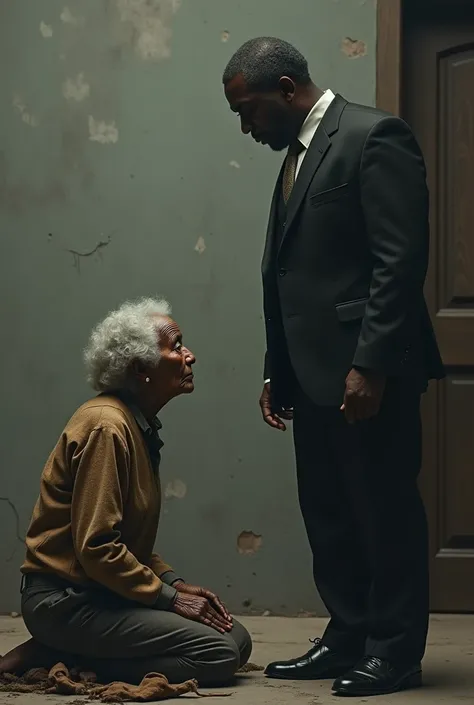 A poor old black woman crying and   kneeling in front a rick black man in suit and seeming less concerned about the old lady