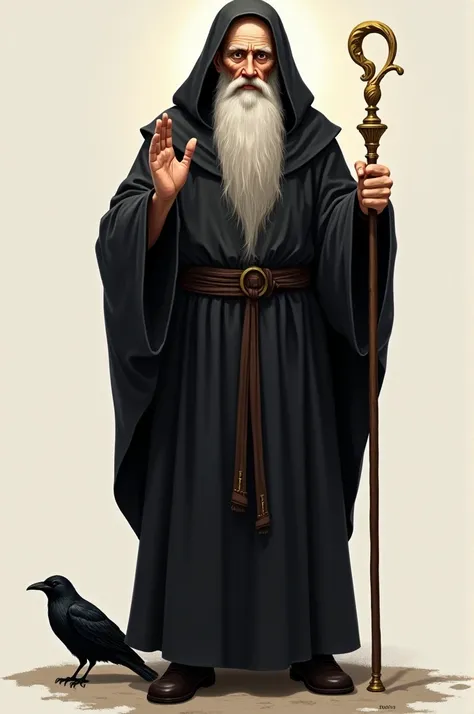  realistic image of Saint Benedict standing , thin and tall,  black shoes covered by black tunics without details , elderly,  Perfect brown eyes .  Saint Benedict looks forward , front position,   Black hoodie over the head . He is bald ,  has an elongated...