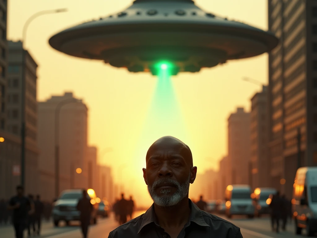 Cinematic image, 4k, realistic, Black man, middle-aged, bald, thin gray beard, frontal position, walking down an avenue at sunset, watching an approaching a big  cilindrical spacecraft, cigar-shaped, horizontal position, Several windows around, emitting a ...