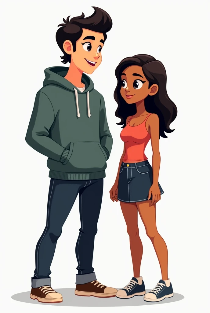 Generate avatar  cartoon or me and my boyfriend my boyfriend has pale skin dark hair  mullet he dresses in hoodies and pants and i have tan skin dark hair mid length and i dress in skirt and tops and add a white background and make him taller and make it l...