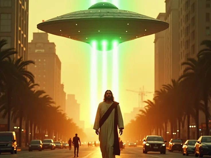 Cinematic image, 4k, realistic, jesus,  frontal position, walking down an avenue at sunset, watching an approaching a big  cilindrical spacecraft, cigar-shaped, horizontal position, Several windows around, emitting a beam of green lux towards the ground, i...