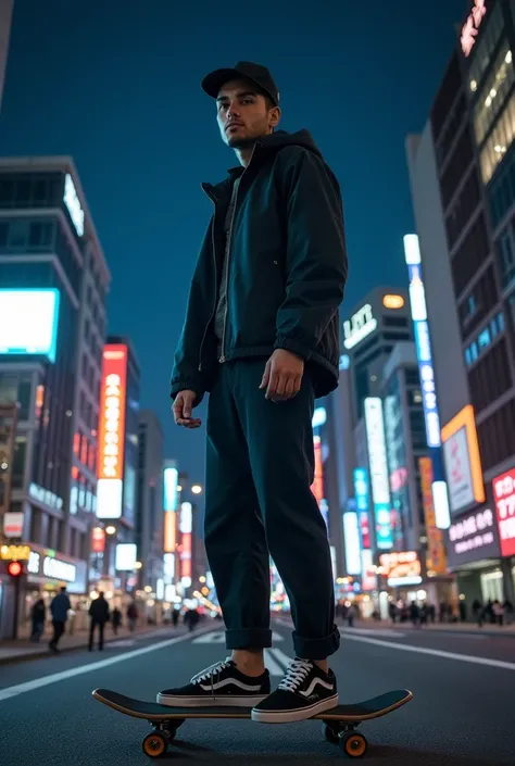 arafed man standing on a skateboard in front of a building, profile picture 1024px, standing in a city center, hero pose colorful city lighting, high quality upload, postprocessed), in the city, in the middle of the city, street pic, on rooftop tokyo night...