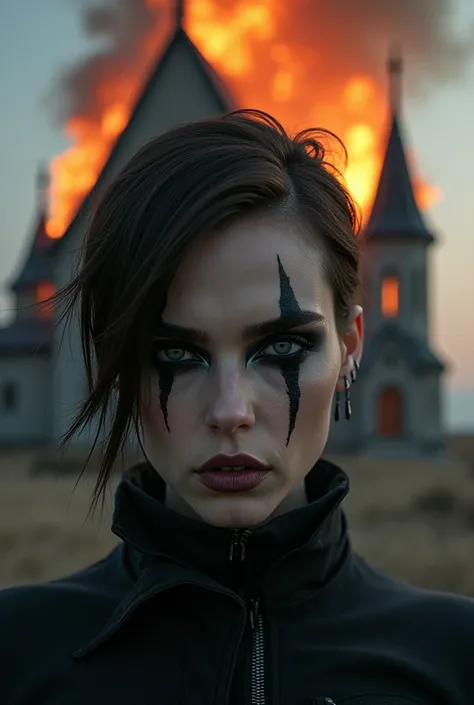 Portrait of a woman with short brown hair wearing black metal makeup with a Nordic church burning behind 