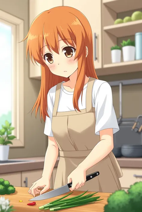 Anime Asuna Yuuki with orange hair and orange eyes in household clothes and with a household apron she cuts vegetables