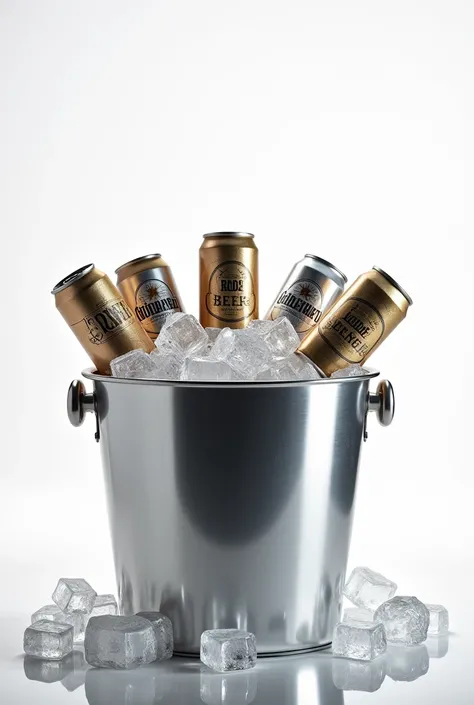 silver bucket with five beer cans in the middle of ice stones inside the bucket ,4K, Ultra Realistic, illuminated,  white background