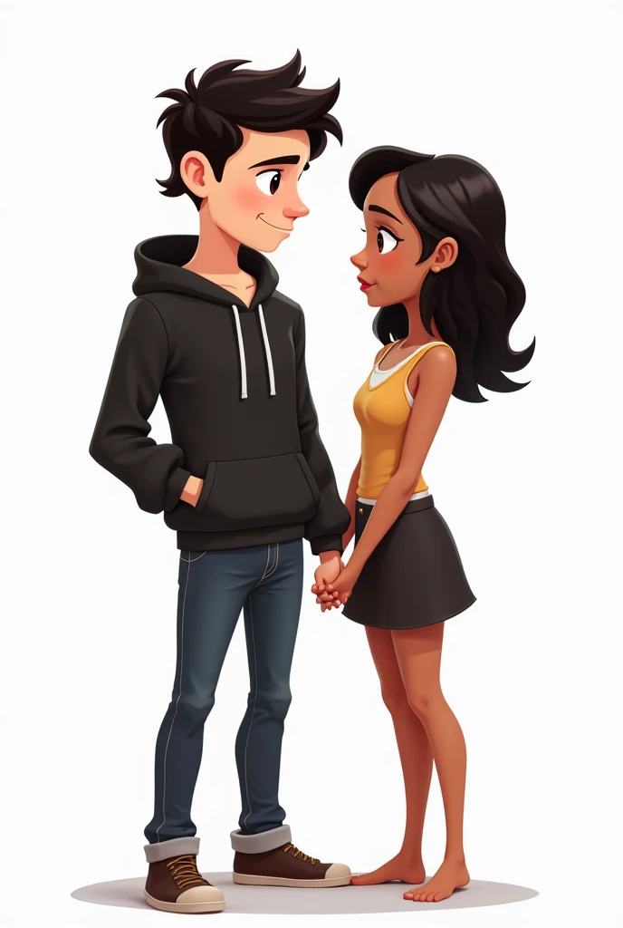 Generate avatar  cartoon or me and my boyfriend my boyfriend has pale skin dark hair  mullet he dresses in hoodies and pants and i have tan skin dark hair mid length and i dress in skirt and tops and add a white background and make him taller and make it l...