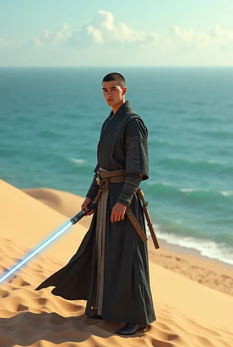 Scene of a young man with English features ,  sapphire blue eyes shaved hair standing on a dune near the sea,  wearing samurai clothing and a lightsabre around his waist .