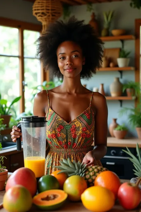 Create an African lady preparing blending fruits