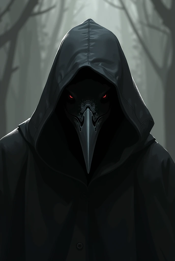 Create me an animated 2D logo ,  black plague style with a ravens head and a hood,  do it from the head or neck up  