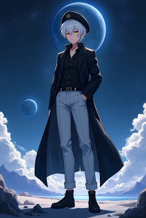 highly detailed, anime male character, wearing a black sailor hat, short white hair, yellow eyes, fair skin, smiling, black shirt, black coat, long white pants, black shoes, 1.80m tall, standing in outer space background, cool and confident expression, cin...