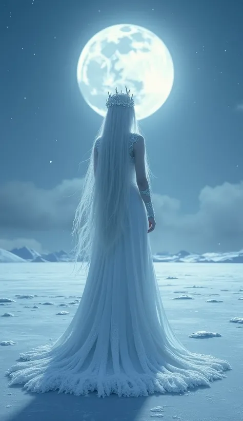 An ethereal ice queen viewed from behind, her silver-white hair flowing perfectly straight to her knees, sparkling with icy crystals as she walks across a frozen lake under the light of the full moon.