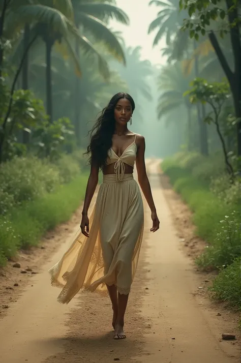 A fine dark girl crossing a tire road 