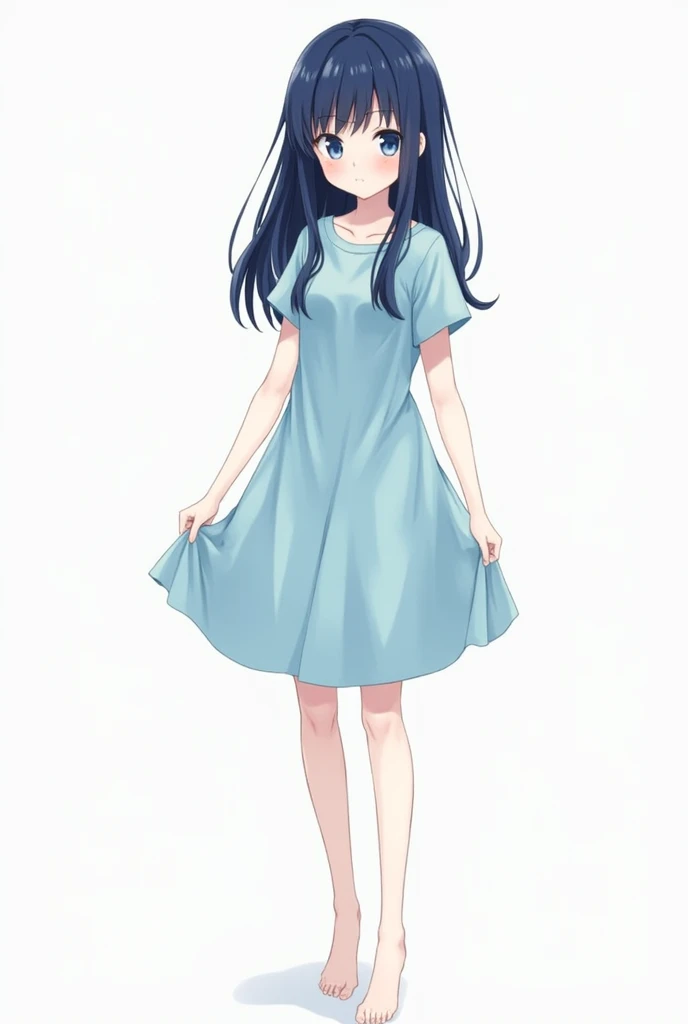 age: s
Gender :  Female
Height :  140 centimeters
Appearance : dark blue long hair with straight bangs, god,  pale skin vomited,  pale blue eyes,  has a small scar on his left arm
:  A simple soft blue knee-length dress ,  short sleeves ,  feet without sho...