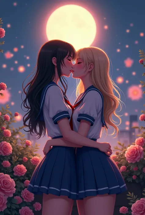 A 33 years old woman, 179cm tall and weighs 59kg, She has a slender figure, a bust size of 31 inches (80cm), her skin is fair, her hair is black, and she has brown eyes wearing a sailor Venus costume is kissing her Blonde girlfriend at a roofgarden party a...