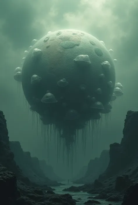 Dessine moi la planete terre en mode apocalyptique dans le futur avec les méduses au pouvoir dans dans des tons gris bleu vert