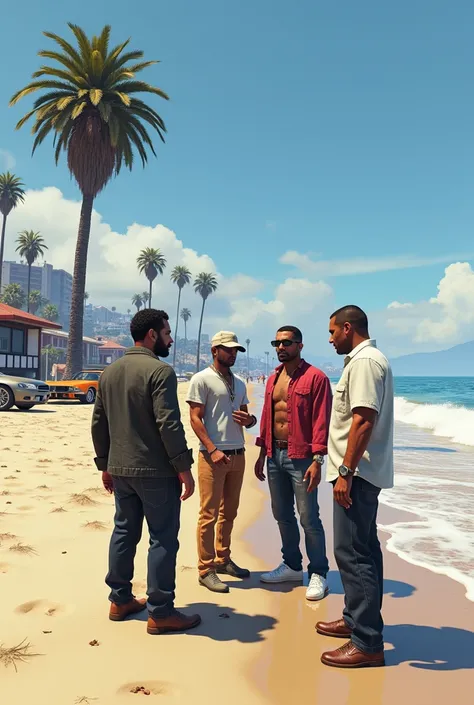 Make a GTA 6 image of the characters on the beach in Los Angeles 