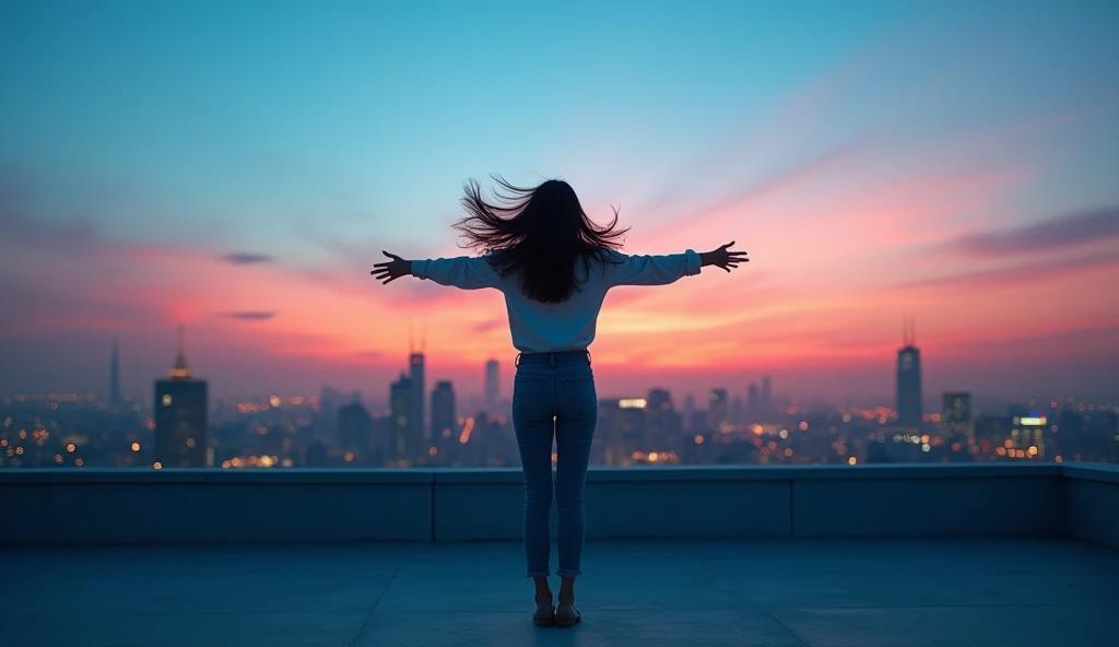 "Dynamic cinematic advertising portrait, horizontal 16:9 format, 8K resolution. The model, non-binary or female, stands on a rooftop edge with arms outstretched, symbolizing freedom, power, and ambition. Her hair is flowing freely with the wind, showing mo...