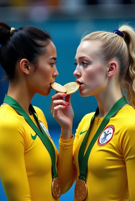 Create two Brazilian gymnasts ,  one of Japanese descent with short black hair ,  and the other white with blue eyes and long blond hair in a braid .  The Japanese woman chewing a gold medal and the blonde a silver medal,  with camera flashes on top of the...