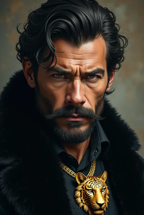 Face of a hunter man ,  black hair and lion eyes .  He is elegant and for a gold brooch with a tigers head. 