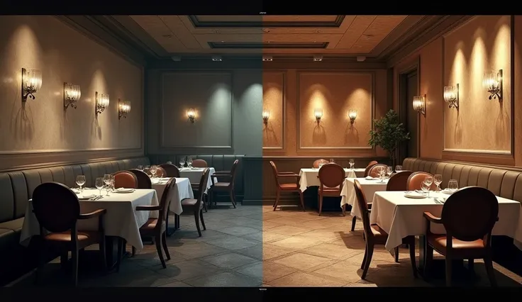  Create a hyperrealistic image divided into two parts . On the left side,  One-star restaurant with details Realistic :  somewhat worn walls ,  simple and worn furniture , messy tables ,  cold lights and a gloomy atmosphere .  The space should feel claustr...