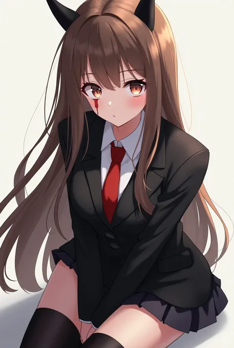 Masterpiece. Anime girl. Brown long hair. Light brown eyes. Black small horns. Black suit. Red tie. Black short skirt on pants. Black long boots. Pouting. Blood on forehead