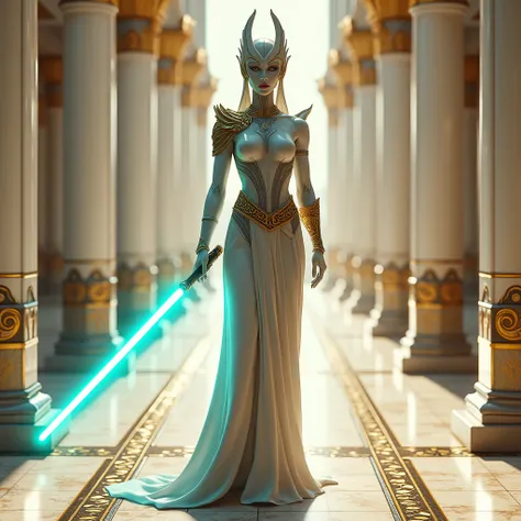  A Humanoid Woman (Similar to Shaak Ti ) ( realistic )  It holds a cyan-colored single-leaf lightsaber .  She stands in the middle of a shiny earthenware path . . Surrounding it are luxurious ceramic columns and white walls with gold and silver plating. 