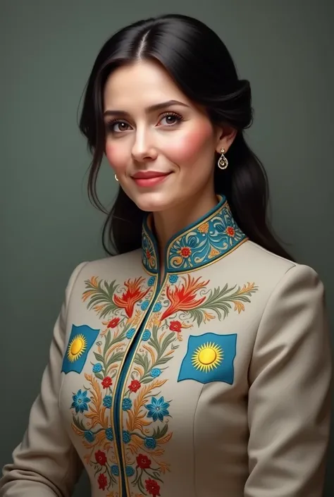 Create an Avatar for a Kazakh teacher for a woman in a classic jacket with Kazakhstan flag regulations and ornaments 