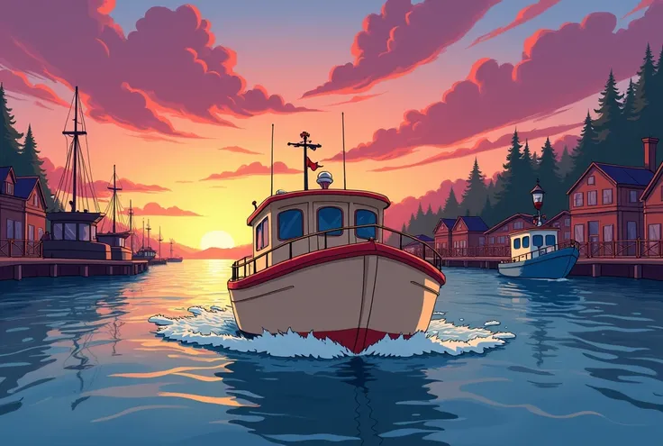  Colourful and cartoonish illustration, Gravity Falls style. Very general plan from the port . A medium cream-colored boat with a red stripe on the top of the bow, approaches the port at dusk .