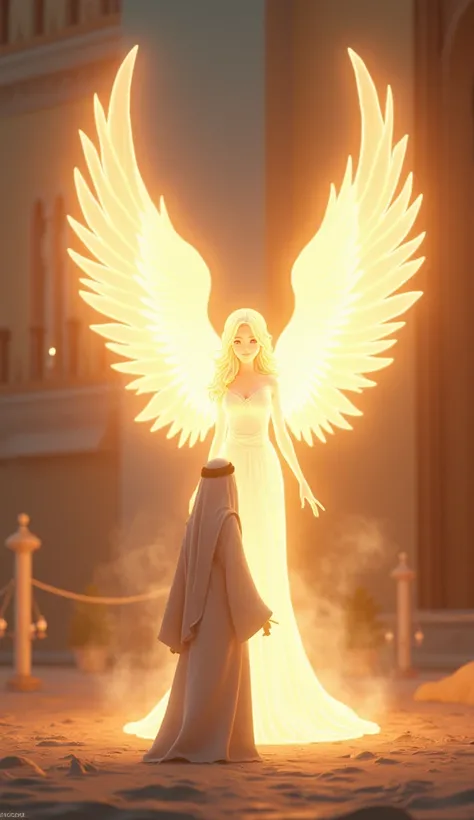 3d anime image of an angel emitting light approaching a  wearing gray traditional Arabic clothing with open wings