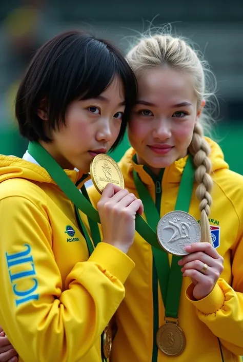 Create two Brazilian gymnasts ,  one of Japanese descent with short black hair , And another German woman with blue eyes and long blond hair in a braid.  The Japanese woman chewing a gold medal and the blonde a silver medal,  with camera flashes on top of ...