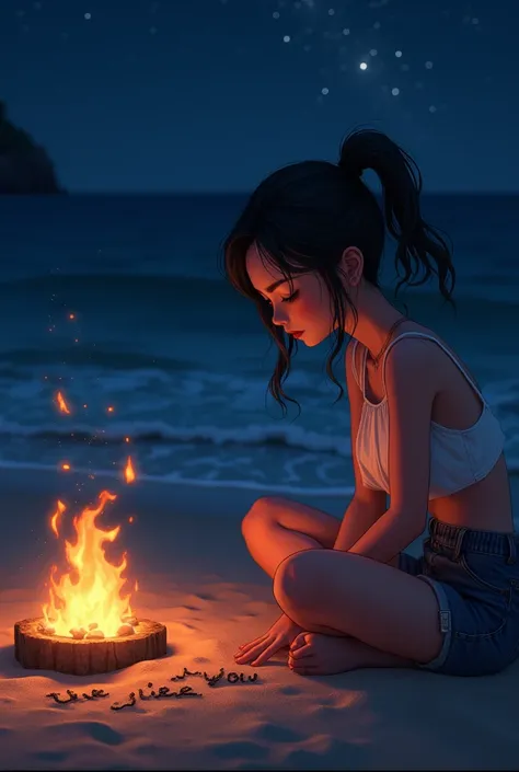  Its nighttime its next to the beach in a campfire and something is written in the sand that says you want to be my girlfriend Ainoa Lee