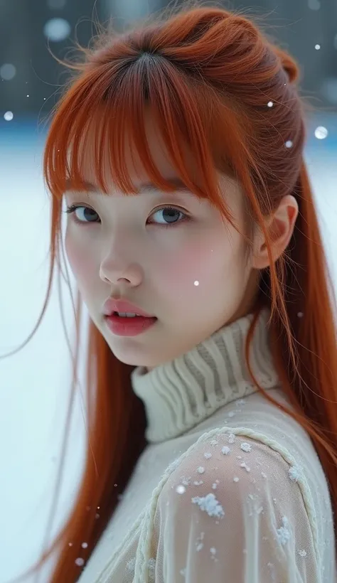  The model wears a 19-year-old woman with straight red hair she wears bangs too,  her eyes are gray and she has Asian features but not very marked ,  is white and with fine and delicate features ,  her expression is really intimidating but at the same time...