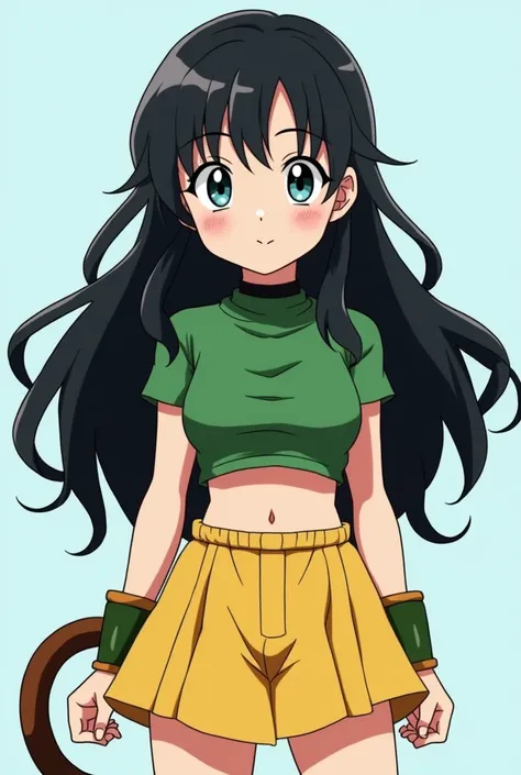  Girl of an  anime-style dragon ball super animation who has long wavy black hair with a soft fringe,  big light blue eyes and a small innocent smile .  She wears a green crop top , with black choker, short yellow skirt ,  and large yellow green Saiyan boo...