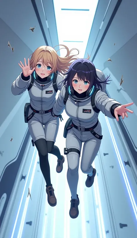 masterpiece, best quality, ultra-detailed, anime style, lovelive character style, 2female japanese idols in spacesuits floating in zero gravity, sci-fi corridor interior, sleek and futuristic white metallic walls and panels, dramatic upward angle view, bla...