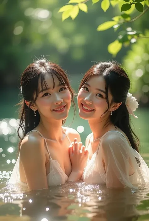 2 K-pop idols , posing playfully in a shallow stream,  wet fabrics become semi-transparent and shiny as they float around you,  drops shining in the sunlight as she runs her fingers through the stream ,  her soft and whimsical smile ,  surrounded by lush n...